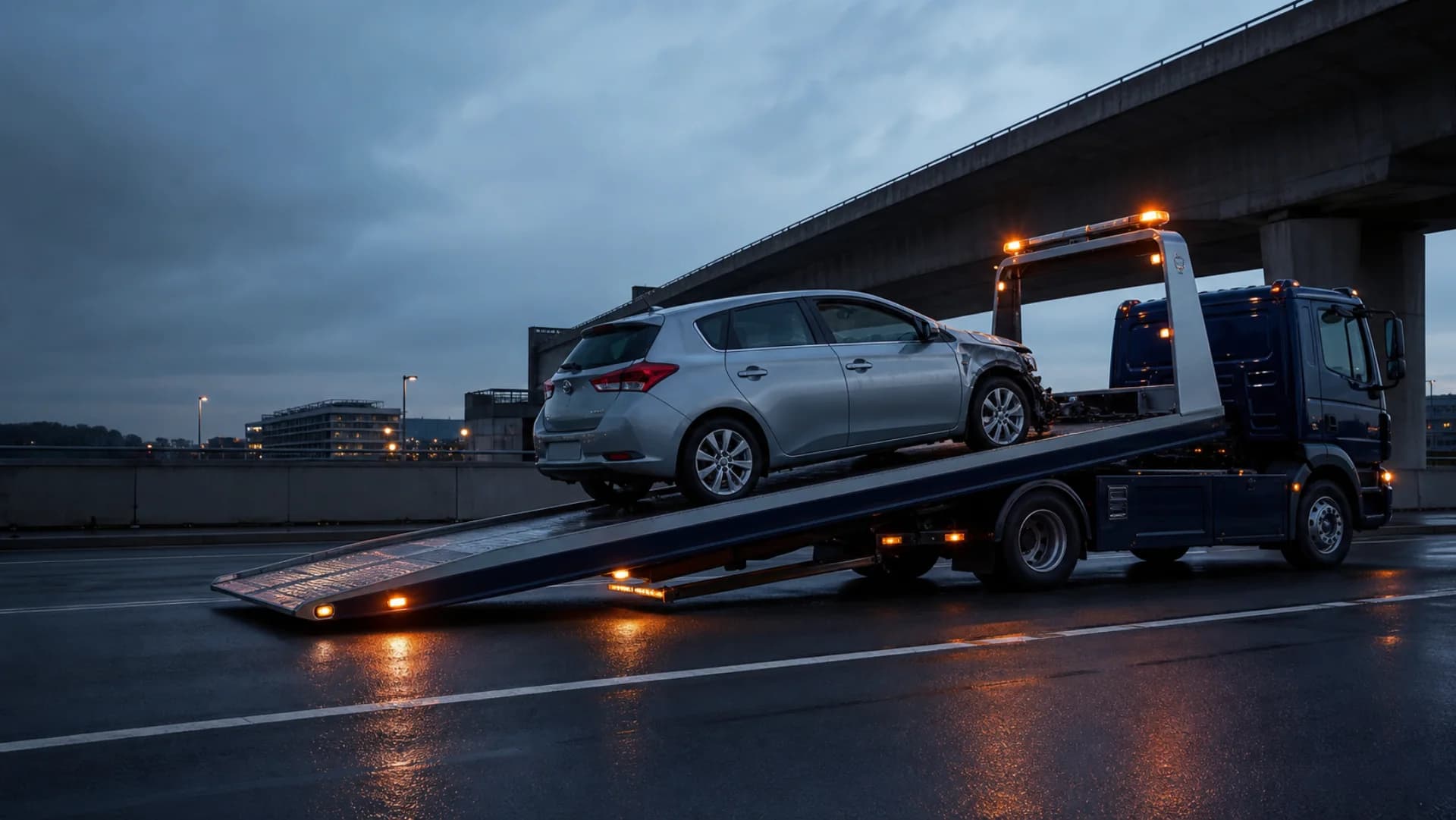Dépanneuse sur plateau transportant une voiture hors d’usage en Île-de-France